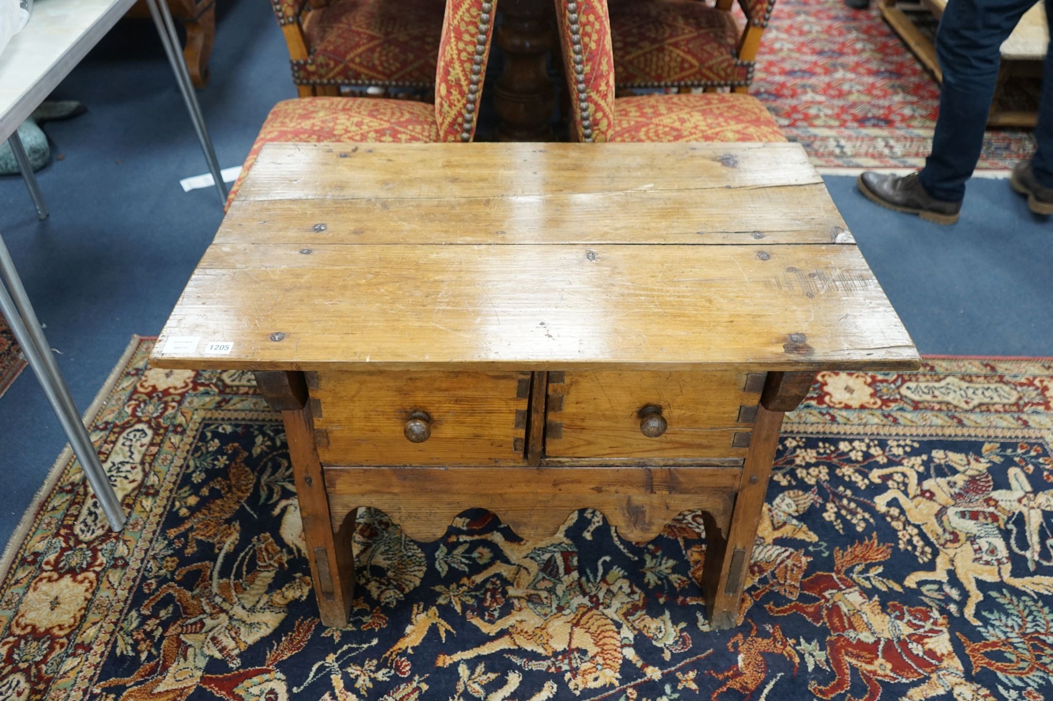 An 18th century style French Provincial fruitwood two drawer low table, width 95cm, depth 59cm, height 60cm